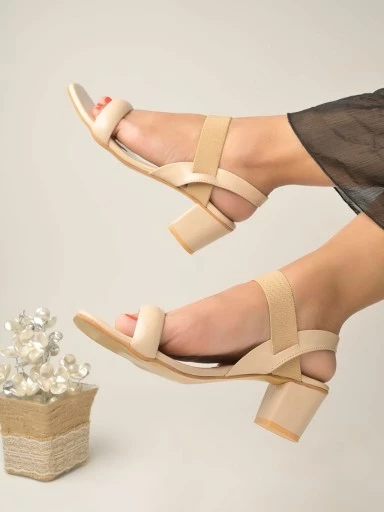 Stylestry Solid Cream Block Heeled Sandals For Women & Girls