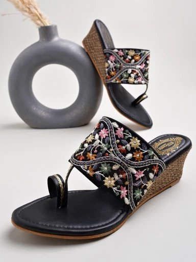 Stylestry Ethnic Embroidered Black Wedges For Women & Girls