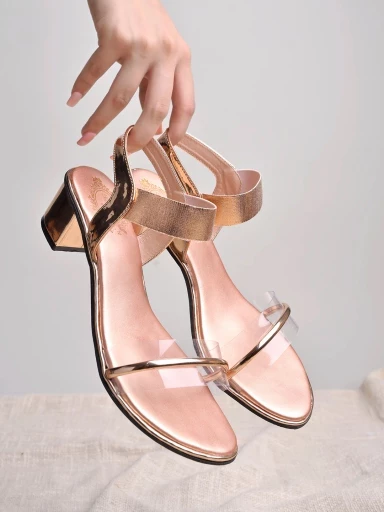 Stylestry Rhinestone Detailed Pink Shiny Block Heeled Sandals For Women & Girls