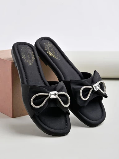 Stylestry Diamante Bow Detailed Black Flats For Women & Girls