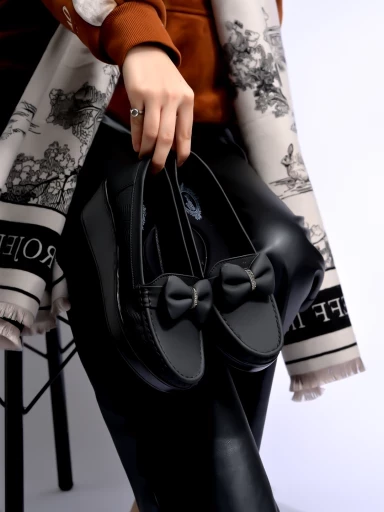 Stylestry Upper Bow Detailed Black Loafers For Women & Gilrs