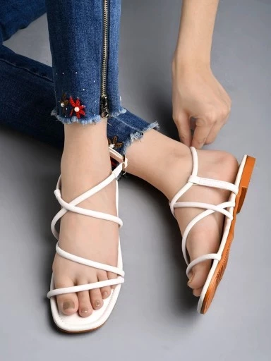 Stylestry Crossover Back Strap White Flat Sandals For Women & Girls