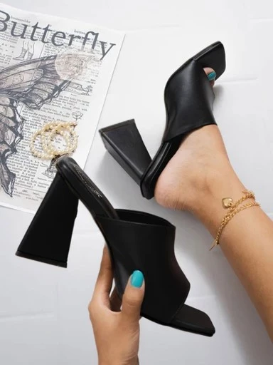 Stylestry Stylish Solid Black Triangle Block Heels For Women & Girls