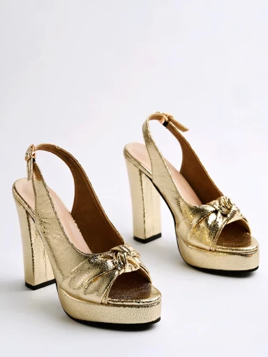 Stylestry Embellished Knotted Detailed Golden Heeled Sandals For Women & Girls