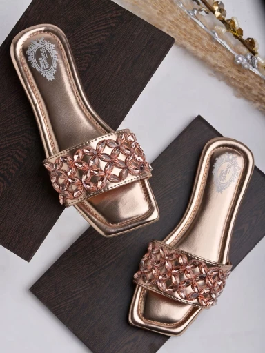 Stylestry Embellished Rhinestone Rose-Gold Flats For Women & Girls