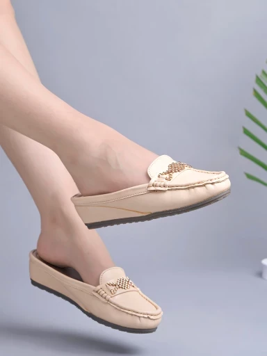 Stylestry Upper Bow Detailed Cream Slip-On Loafers For Women & Girls