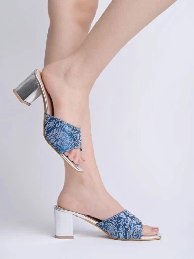 Stylestry Gold-Toned Printed Design Blue Block Heels For Women & Girls