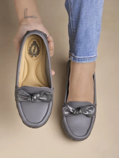 Stylestry upper Bow Detailed Grey Loafers For Women & Gilrs