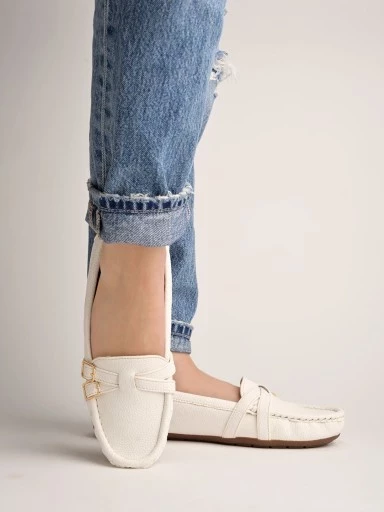 Stylestry Side Buckle Detailed White Loafers For Women & Girls
