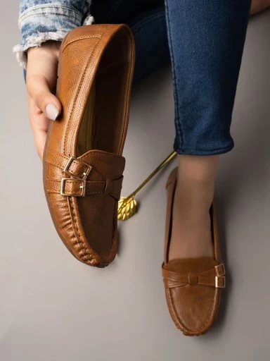 Stylestry Side Buckle Detailed Tan Loafers For Women & Girls