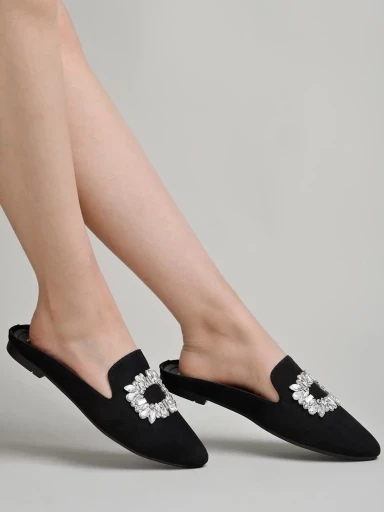 Stylestry Classic Embellished Bow Detailed Black Mules For Women & Girls