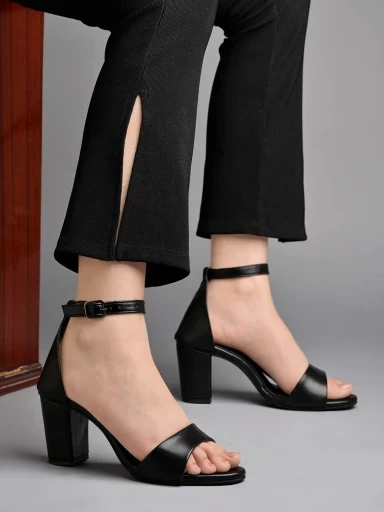 Stylestry Stylish Ankle Strap Black Block Heeled Sandals For Women & Girls
