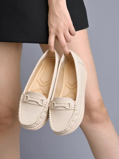 Stylestry upper Bow Detailed Cream Loafers For Women & Gilrs