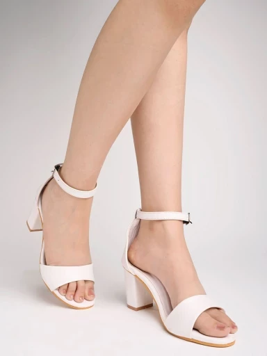 Shoetopia Stylish Ankle Strap White Block Heeled Sandals For Women & Girls