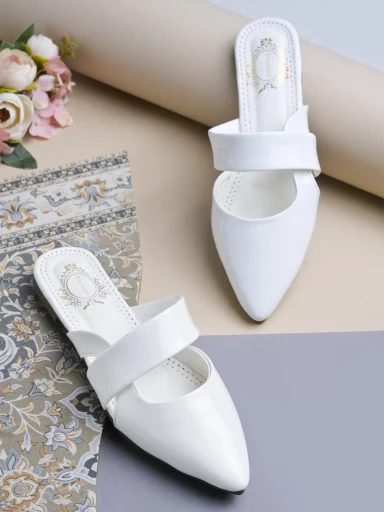 Stylestry Solid Pointed Toe White Flat Mules For Women & Girls