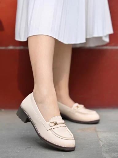 Stylestry upper Buckle Detailed Cream Loafers For Women & Gilrs