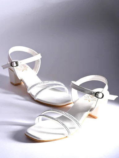 Stylestry Rhinestone Embellished White Block Heeled Sandals