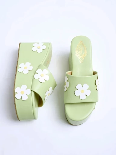 Shoetopia Flower Printed Detailed Green Platform Heels For Women & Girls