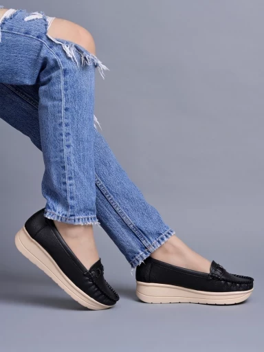 Stylestry upper Bow Detailed Black Loafers For Women & Gilrs