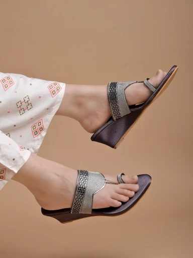 Stylestry Embellished Ethnic Grey Wedges For Women & Girls