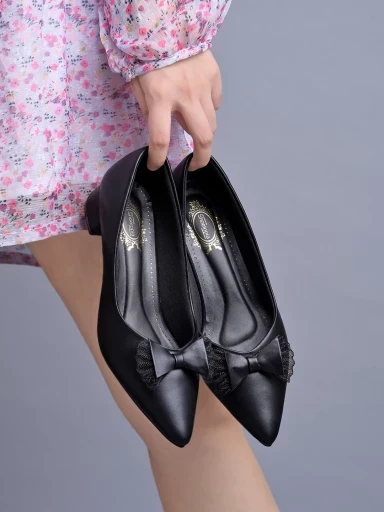 Stylestry Pointed Toe Bow Detailed Black Bellies For Women & Girls