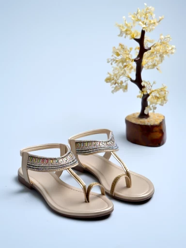 Stylestry Embellished Golden Flat Sandals For Women & Girls