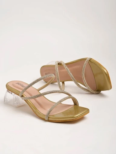 Stylestry Rhinestones Strap Detailed Golden Block Heels For Women & Girls
