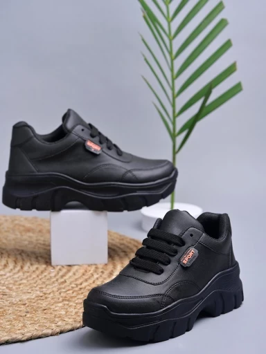 Stylestry Lace-up Detail Black Chunky Sneakers For Women & Girls