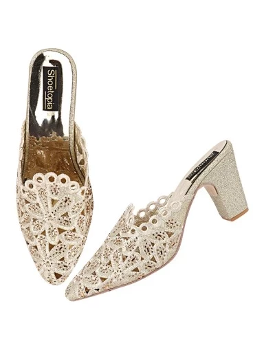 Stylestry Gold-Toned  Silver-Toned Embellished Ethnic Block Mules with Laser Cuts