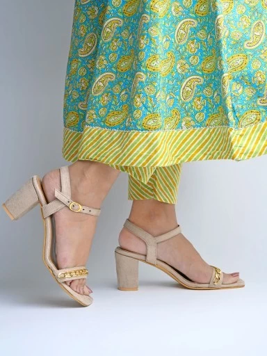 Stylestry Stylish Chain Deatailed Cream Block Heeled Sandals For Women & Girls
