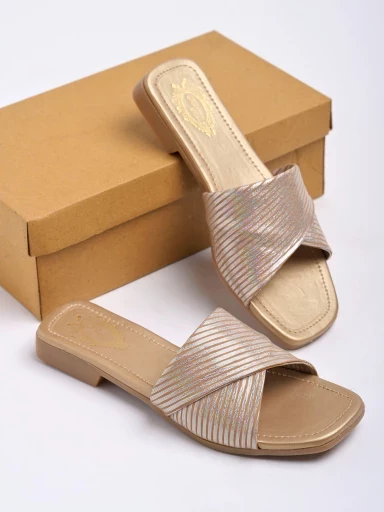 Stylestry Striped Golden Slip-On Flats For Women & Girls