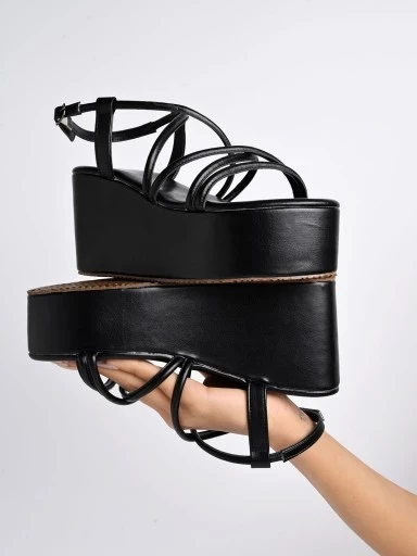 Shoetopia Multi Straps Casual Black Flatforms For Women & Girls