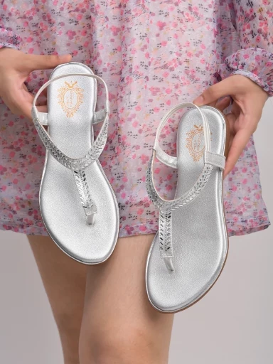 Stylestry Embellished Silver Flat Sandals For Women & Girls