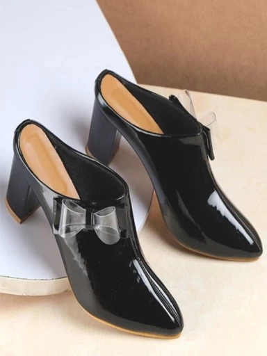 Stylestry Womens & Girls Black Block Mules with Bows