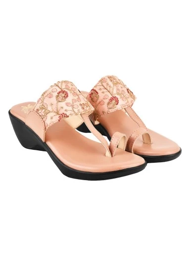 Stylestry Embroidered Ethnic Pink Kolhapuri Wedges For Women & Girls