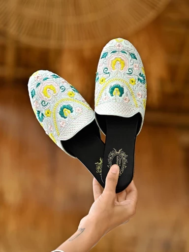 Stylestry Embroidered Detailed Green Flat Mules For Women & Girls