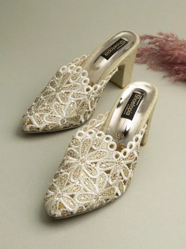 Stylestry Womens & Girls Gold-Toned & Silver-Toned Embellished Ethnic Block Mules with Laser Cuts