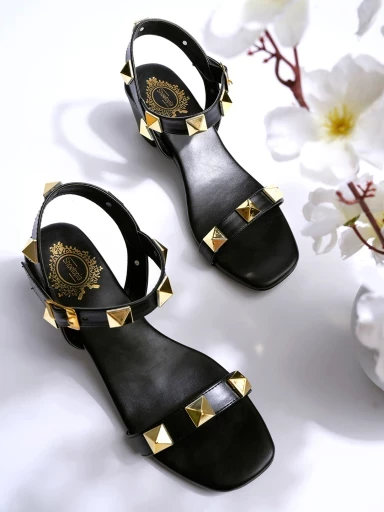 Stylestry Stylish Rock Stud Detailed Black Block Heels For Women & Girls