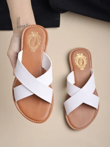 Stylestry Embellished Cross Strap White Flats For Women