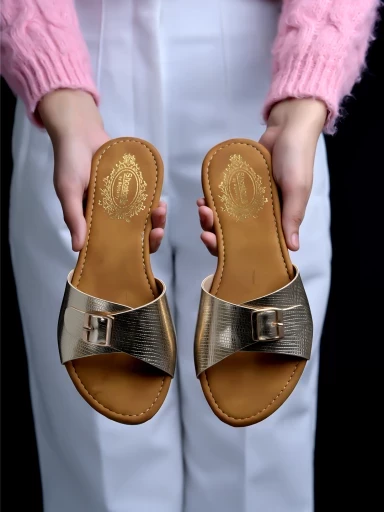 Stylestry Buckle Detailed Golden Flats For Women & Girls