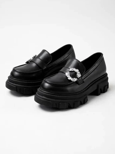 Stylestry Side Studded Buckle Detailed Black Loafers For Women & Girls