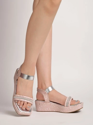 Shoetopia Rhinestone Detailed Pink Shiny Platform Heeled Sandals For Women & Girls