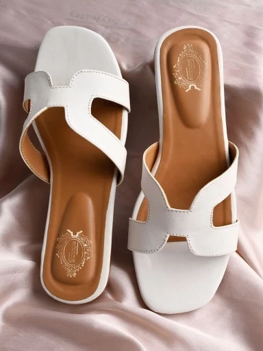 Shoetopia Stylish Square Toe and Trendy H-shaped  White Flats For Women & Girls