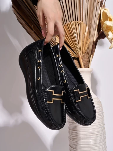 Stylestry upper Buckle Detailed Black Loafers For Women & Gilrs