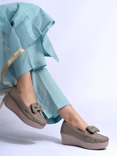 Stylestry Upper Bow Detailed Grey Loafers For Women & Gilrs