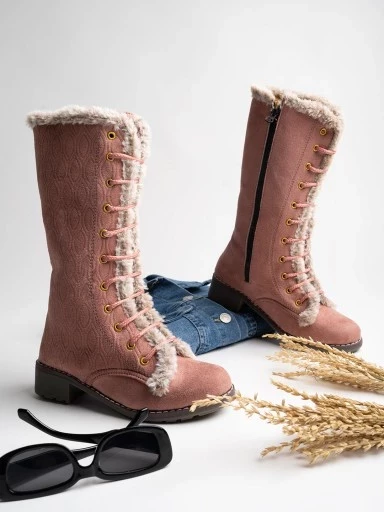 Stylestry Stylish Casual Comfortable peach Boots with elegant Upper Fur Style & Lace-up Style For Women & Girls