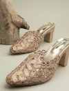 Stylestry Womens & Girls Pink & Silver-Toned Embellished Ethnic Block Mules with Laser Cuts