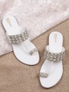 Stylestry Womens & Girls White & Silver-Toned Embellished Leather Ethnic One Toe Flats