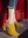 Stylestry Womens & Girls Yellow Laser Cuts Peep-Toed Heeled Mules
