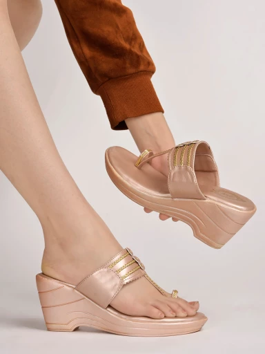 Shoetopia Embellished Sequence Detailed Rose-Gold Wedges For Women & Girls